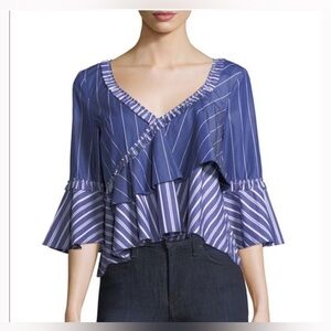 Cinq à Sept Fran V-neck Mixed-striped Poplin Top Blouse In Blue Ruffle Small